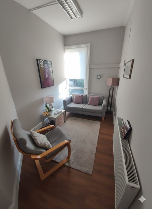 Quiet therapy consulting room with comfortable seating